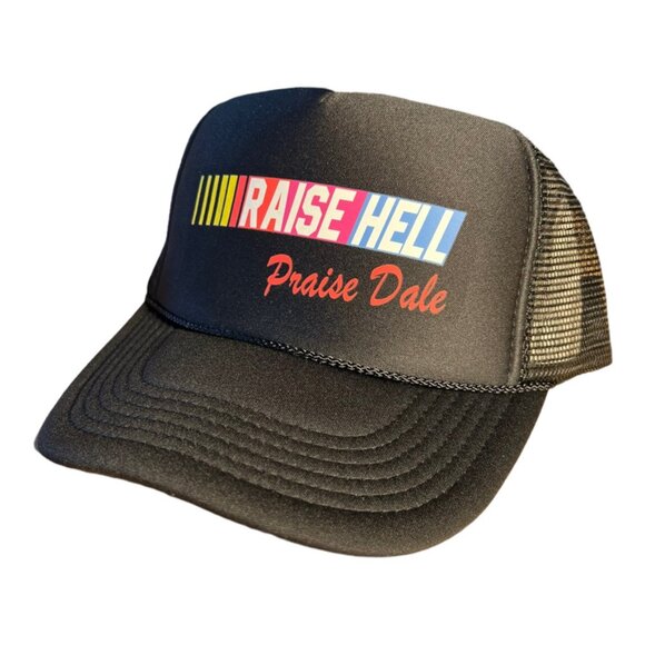 RAISE HELL PRAISE DALE HAT FUNNY TRUCKER HAT SUMMER NASCAR RACING CAP BLACK HAT - Picture 2 of 6